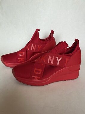 DKNY Red Leya Platform Wedge Slip on Sneakers Retail $139
